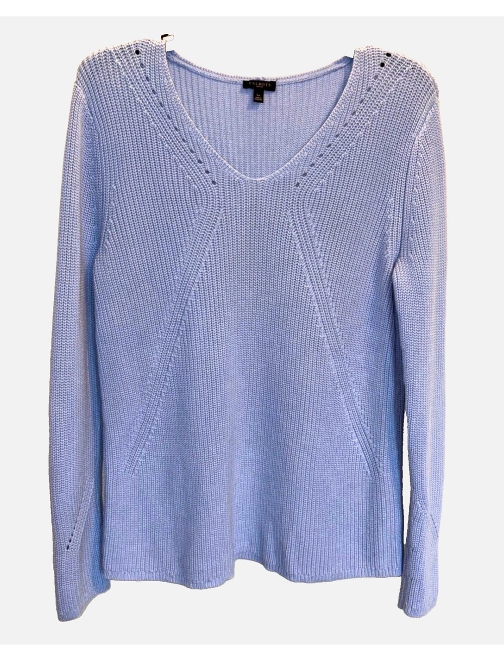 Talbots Petite LP Cotton Pointelle Sweater Light Blue V Neck Pullover